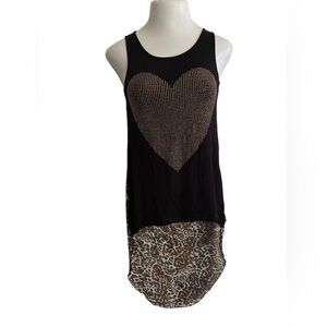 Ocasion High Low Black Righstones Heart Leopard Sheer Contrast Tunic Top S